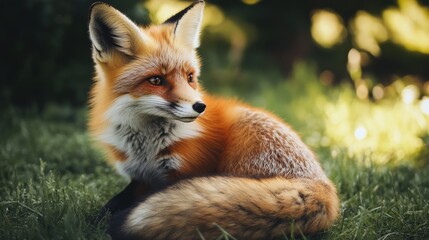 Fototapeta premium Red Fox in Grass: A majestic red fox with a lush, vibrant coat rests peacefully in a field of green grass, its sharp features and attentive gaze captivating the viewer. 