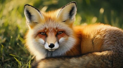 Fototapeta premium Fox's Gaze: A captivating close-up of a fox's face. It lies serenely on the ground, gazing directly at the viewer, exuding an air of curiosity and a hint of slyness. 