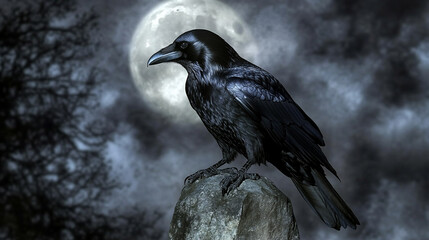 Fototapeta premium Omen Raven Watching from Ruined Altar Beneath Silver Moon