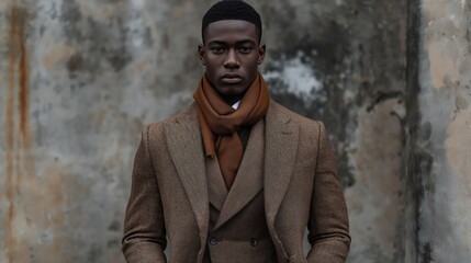 A stylish man stands confidently in a tailored brown suit, complemented by a warm scarf, amidst a weathered wall