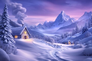 Fototapeta premium A 3D-rendered snowy village with cozy cabins, warm lights, and curling smoke from chimneys