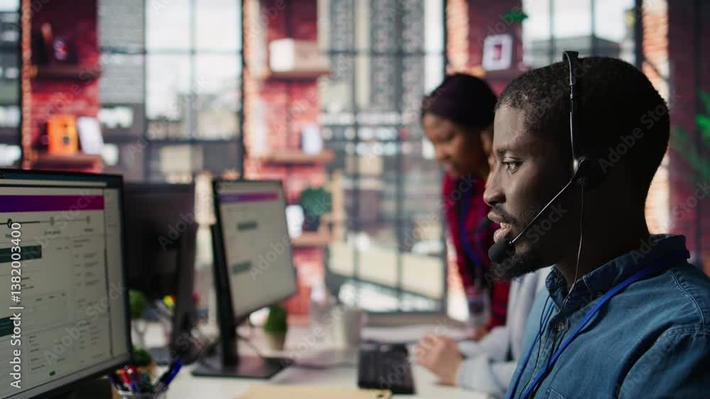 Poster diverse customer center workers assisting clients with installing software. multiethnic team of call
