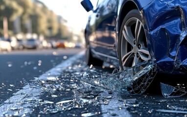 Graphic scene of a totaled blue car surrounded by shattered glass and debris on a city road a stark reminder of the risks of reckless driving. Wrecked car urban hazard.