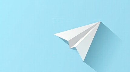 Paper Airplane on Blue: A crisp, white paper airplane casts a long shadow on a tranquil blue backdrop, symbolizing dreams of flight, innovation, and exploration. 