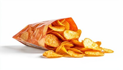 image of potato chips spilling from a snack bag texture and vibrant colors no suitable for snack food advertisements focus cover all object. Crispy snacks burst from