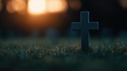 Obraz premium Serene sunset over a gravestone in a quiet cemetery