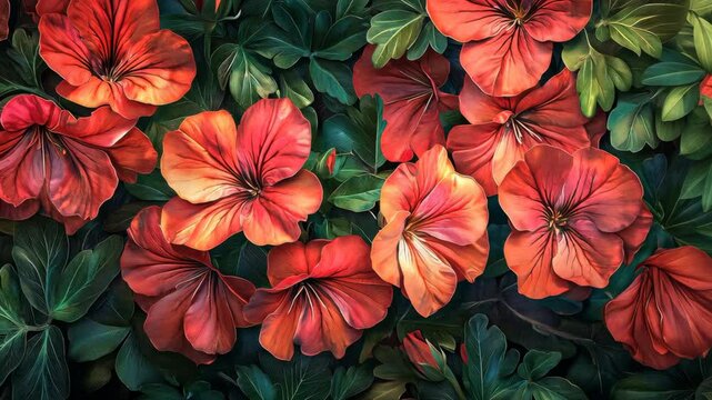 A group of red geraniums in full bloom