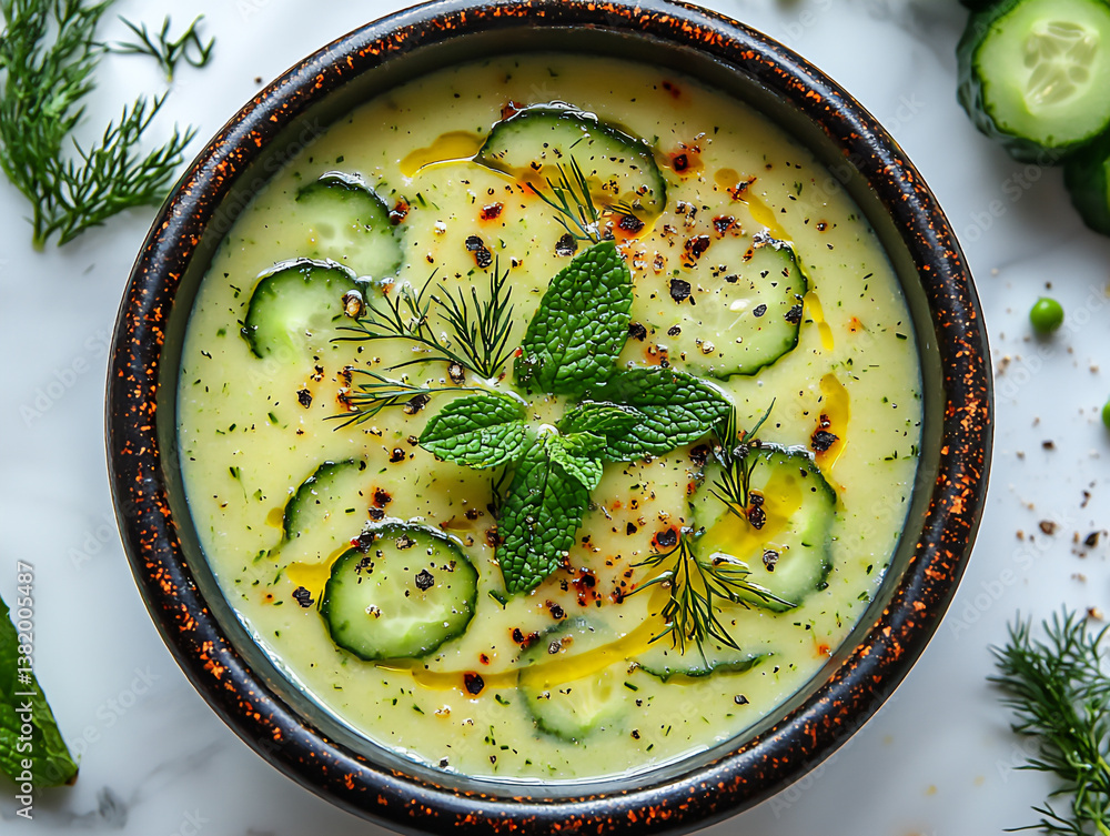 Poster refreshing cucumber and mint soup with yogurt,