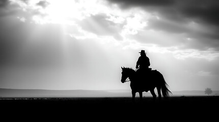 Lone cowboy rides horse in sunlit plains