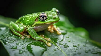 Naklejka premium Emerald Eye: A vibrant green tree frog with prominent golden eyes, perched on a glistening dew-laden leaf, a captivating image of nature's artistry. 