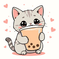 Cute Cartoon Kitten Holding Bubble Tea, Pink Hearts Decor.