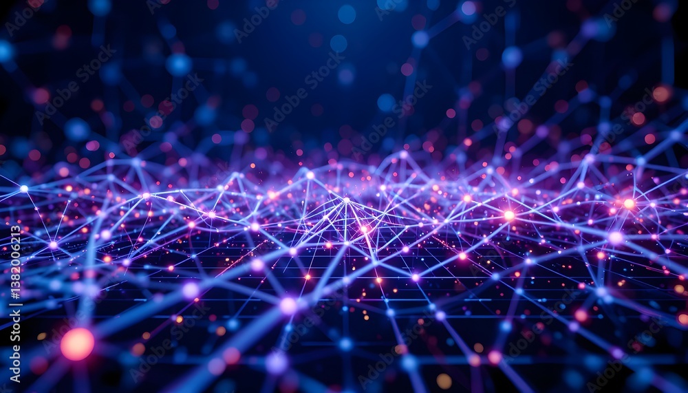Poster abstract network of interconnected nodes and lines against a dark blue background evoking connectivi