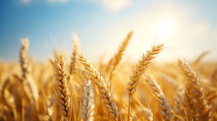 Fototapeta premium Golden wheat swaying in field on a bright day, under a blue sky with clouds