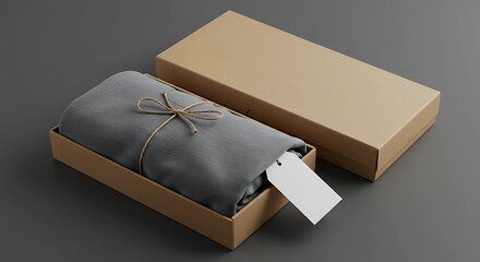 A minimalist packaging mockup featuring a rolled-up t-shirt neatly placed inside a kraft paper box with a custom logo tag