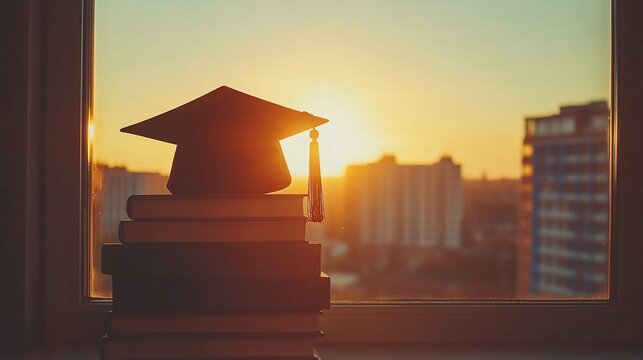 Graduation cap on books by window at sunset (2)