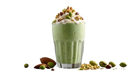 Pistachio milkshake topped with whipped cream and nuts