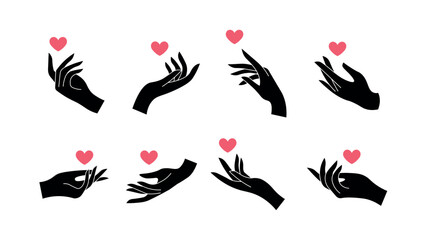 Elegant hand with pink hearts. Collection hand gesture with love symbol. Romantic hand and heart icons. Delicate hand poses love and affection theme.