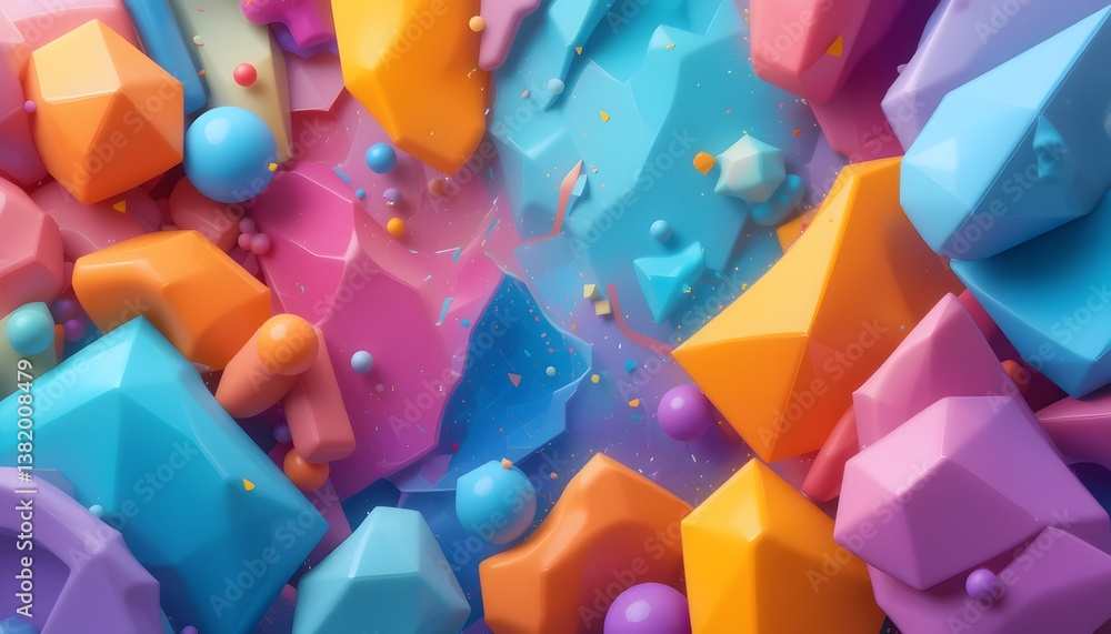 Poster colorful geometric shapes and spheres create an abstract vibrant background with playful candy-like 