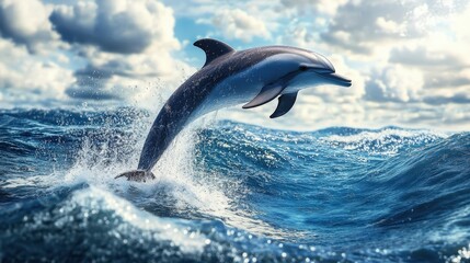 Fototapeta premium Oceanic Delight: A bottlenose dolphin gracefully leaps from the vibrant blue ocean, its form beautifully captured amidst the churning waves under a cloudy sky.