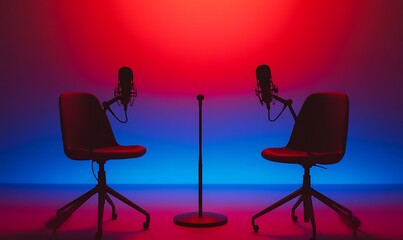 Minimalist podcasting setup with two microphones and chairs against a red and blue gradient backdrop