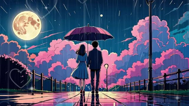 lofi love couple night love rain with umbrella 4k video young couple under the rain