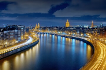 Naklejka premium A cinematic aerial timelapse of Amsterdam canals at night, with boats leaving streaks of golden light
