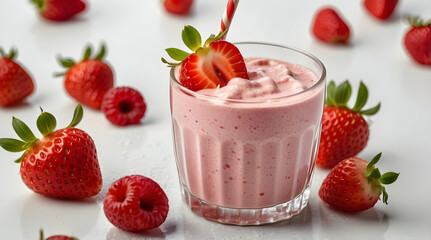 Strawberry Raspberry Smoothie in Glass on White Background
