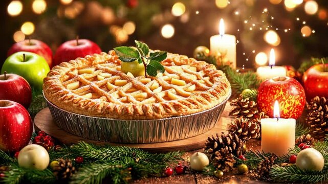 Festive apple pie with candles and christmas decorations on wooden table Apple Gifting Day
