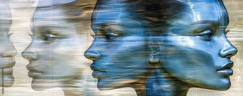 Poster a woman's face is shown in a blurred, distorted way. the image is a collage of three different faces