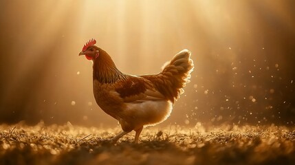 Hen walks in golden sunlit field, rays shining in background, close up