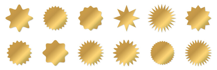 Vector illustration set of gold shiny zigzag wavy frames. Gold medal sticker. Starburst shape with jagged edges.