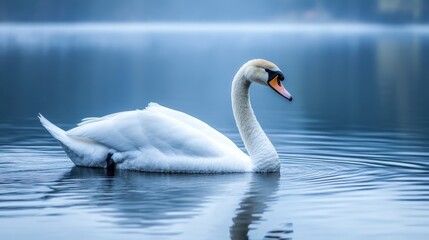 Fototapeta premium Elegant white swan gracefully gliding on tranquil water surface, serene morning light reflecting on calm lake.