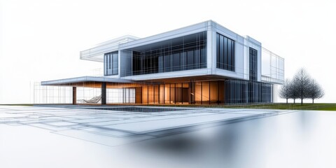 Fototapeta premium Architectural blueprint of a modern residential building wireframe lines merging with realistic house models abstract and. Home design sketch fusion.