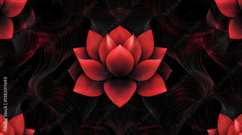 Poster abstract red lotus flower on black background with intricate line patterns