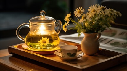 Cozy tea time setting with chamomile flowers, teapot, and cup on a wooden tray