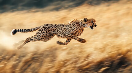 Cheetah in Full Speed: A powerful cheetah gracefully navigates across the wild plains in a blur of motion, showcasing its incredible speed and agility in a breathtaking display of natural prowess.