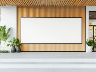Chic retail store with a horizontal sign mockup on its facade wide empty area for branding contemporary design with stylish elements and a welcoming storefront. Modern shop front design.