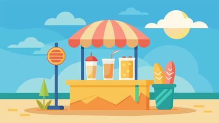 A beachthemed stand complete with a surfboard sign serving up refreshing fruit smoothies and ice cream cones with oceaninspired flavors.. Vector illustration
