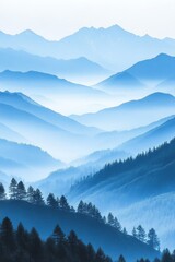 Obraz premium Gentle Layers of Misty Mountain Ranges Under Soft Blue Skies Capturing Tranquility and Natural Beauty in a Stunning Landscape Scene