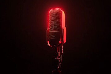 Neon red glow around a podcasting microphone on a black background, symbolizing the passion digital audio content