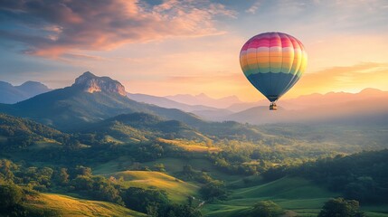 Obraz premium Hot air balloon floats over valley at sunrise with misty mountains background