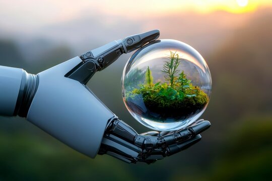 Futuristic robotic arm holding a crystal globe showcasing a miniature ecosystem representing green tech foggy dawn ultra HD 32k resolution full detail. Dawn robot holds tiny world.