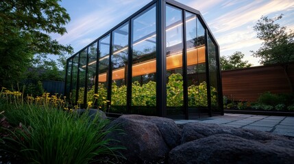 Fototapeta premium High tech glasshouse nursery in a suburban backyard. Modern backyard plant haven.