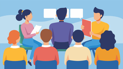 Obraz premium A group of students in the front row attentively listening and taking notes during a presentation on how to intervene as a bystander.. Vector illustration
