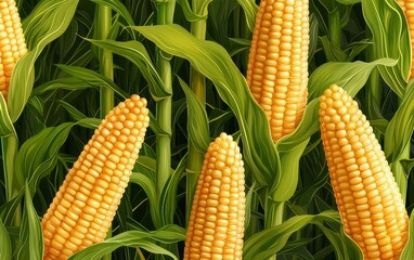 Lush corn graphic illustration stalks reaching high with bright green leaves and plump golden ears intricate details highlighting the texture and vibrancy of the cornfield. Golden harvest