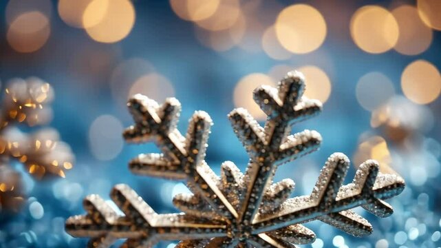 Glittering snowflakes on sparkling blue background with warm bokeh lights. Merry Christmas. Happy New Year