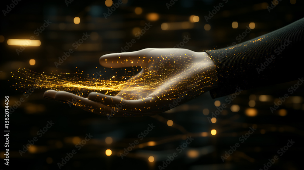 Poster an open hand cradles a stream of glowing particles, symbolizing creation and connection, against a d