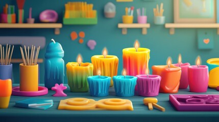 Rainbow Candles in Workshop:  A rainbow of colorful candles sits on a workshop table surrounded by candle-making tools, ready to be lit and create a warm inviting atmosphere.
