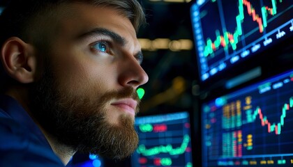 Professional trader analyzing data on multiple stock market monitors close up on focused expression theme of financial decision making realistic Composite trading floor backdrop.