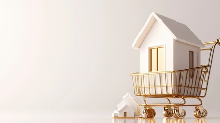 Shopping cart with a tiny house model isolated on a bright light background representing buying a new home crisp and 3D. Miniature home purchase.